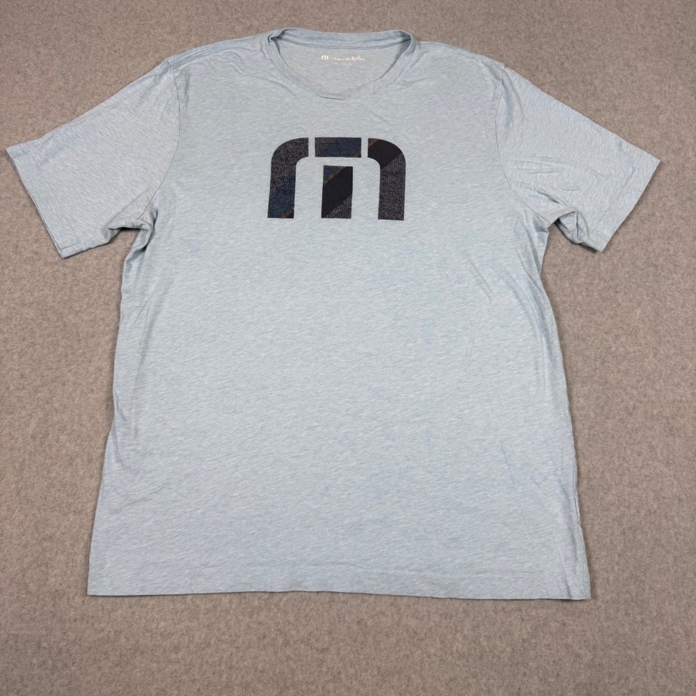 TravisMathew Mens XL Blue Heather Pima Cotton Graphic Logo T-Shirt Preppy Golf